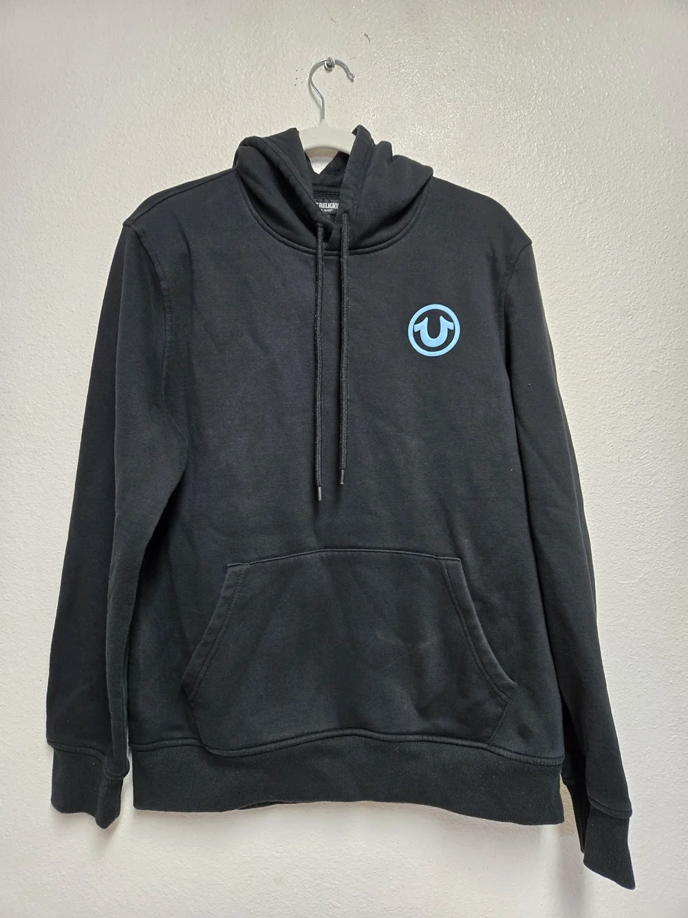 True Religion Hoodie Mens Jet Black Blue Puff Print Size Large
